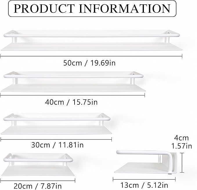 RFOUO 8 Inch White Metal Wall Shelf with Guard Rail, Small Wall Mounted Bathroom Shelf, Aluminum Floating Shelf for Toothbrush Perfume Spice, Bedroom Kitchen, 1 Pack