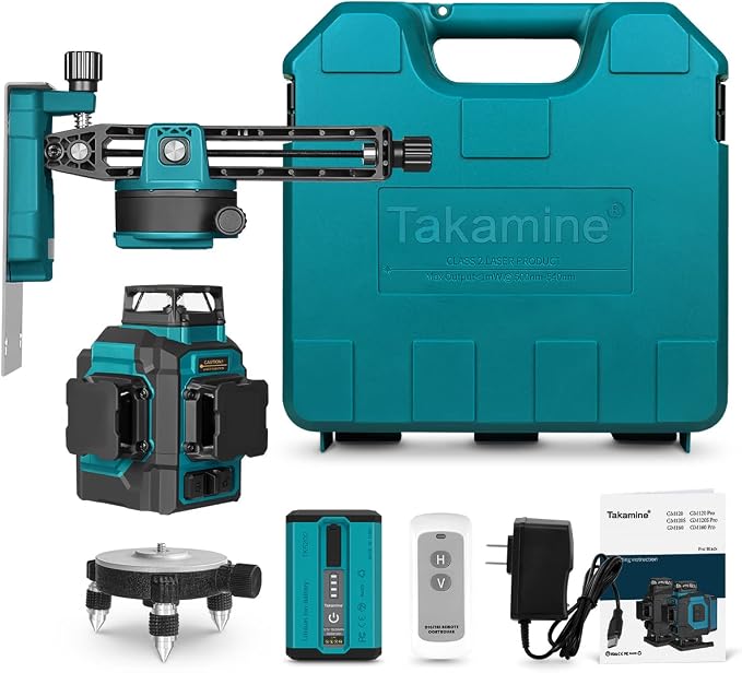 Takamine 3x360° 12 Lines Self Leveling Green Laser Level, 3D Cross Line for Construction/Picture Hanging with Remote Controller, Magnetic Rotating Stand and Hard Case