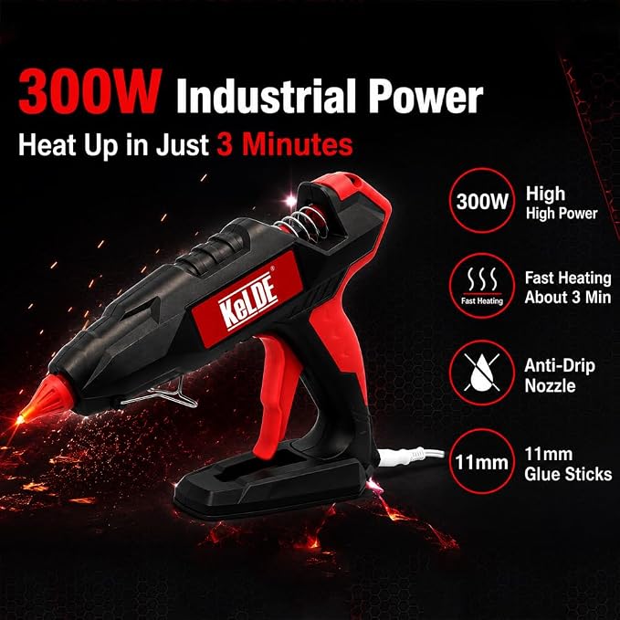 KeLDE 300W Industrial Hot Glue Gun, Heavy Duty Hot Melt Glue Gun with Detachable Power Cord, Fast Heating, Anti-Drip Nozzle,with 10 Glue Sticks for Woodworking, Repair & DIY Projects (Black)
