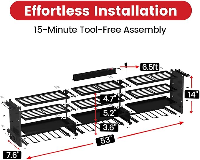 53" Power Tool Organizer Wall Mount with Power Strip, Black Heavy Duty Metal Tool Shelf, 400lbs Capacity for Cordless Drills, Batteries & Garage Storage (12 Slots with 8 Outlets Power Strip)