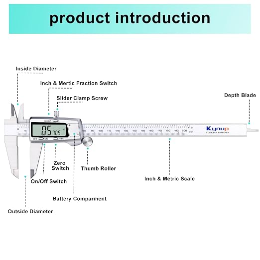 Kynup Digital Caliper 8 inch, Caliper Measuring Tool, Joint Calipers, Vernier Caliper, Stainless Steel, Full Turn Off, Switch from Inch Metric Fraction, Micrometer Digital for Household, DIY(200MM)