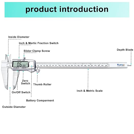Kynup Calipers 0-12inch, Calipers Measuring Tool, Micrometer Dial Vernier Caliper Digital, Switch from Inch Metric Fraction