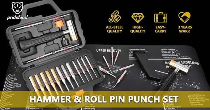 Pridefend Punch Set,Brass Punch Set and Roll Pin Punch Set Made of Solid Material Including Steel Pin Punch Set and Bench Block, Hammer with Detachable Heads,Punch Set with Portable Storage Case