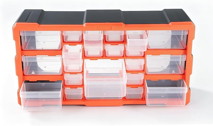PurKeep 22 Compartment Plastic Tool Storage Box, Orange Hardware Organizer with Clear Drawers, Stackable Wall Mount Cabinet for Screws, Bolts, Craft Supplies, Garage Organization