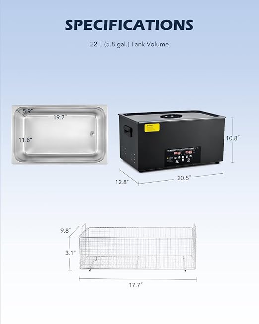 CREWORKS 22L Digital Ultrasonic Cleaning Machine with Degas and Gentle Mode, 480W Ultrasonic Cleaner Machine with Heater and Timer, 5.8 gal Ultrasound Cleaner for Retainer Watch Auto Tool Machine Part