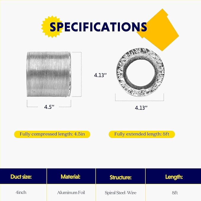 Simple Deluxe 4 Inch 8 Feet Ducting, Non-Insulated Flex Air Aluminum Foil Duct for Dryer Vent Hose, Heating, Cooling, Ventilation, Exhaust, 2 Clamps Included, Silver (Pack of 2)
