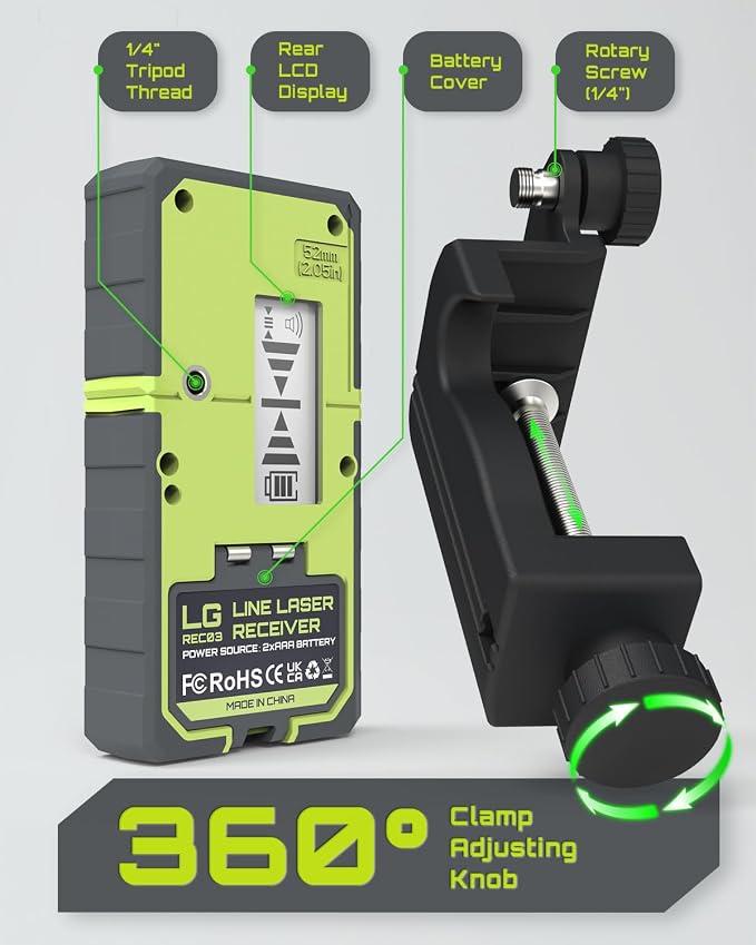 LasGoo LG-3DM Green Beam Laser Level, Self-Leveling 3x360° Cross Line Laser for Construction and Picture Hanging,LasGoo LG-REC03 Laser Detector for Laser Level