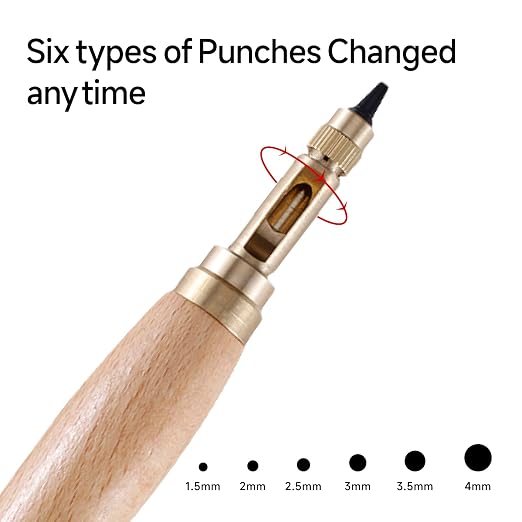 Kearing Screw Punch, Adjustable Leather Hole Punch with 6 Sizes (1.5mm,2.0mm,2.5mm,3.0mm,3.5mm,4.0mm) with Wood Handle for Paper, Leather