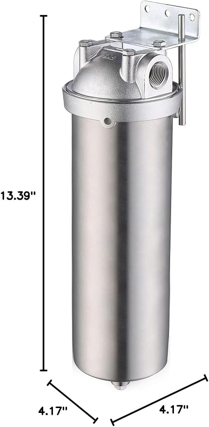 NSF/ANSI 42 Stainless Steel Whole House Water Filter Housing, 10" x 2.5" Sediment Water Filter System for Heavy Duty, Well & City Water, 3/4" NPT Port, Drain Valve Style C(Square Head)