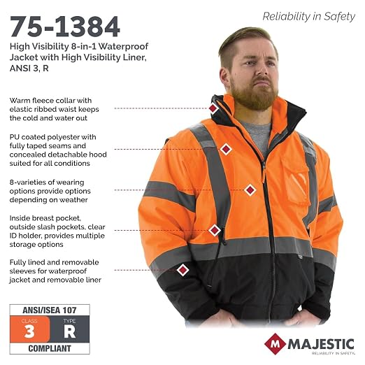 Majestic 75-1384/L High Visibility Orange 8-in-1 Waterproof Jacket with High Visibility Liner, Removable Sleeves and Liner, PU Coated Oxford Fabric, ANSI 3 Type R, Large