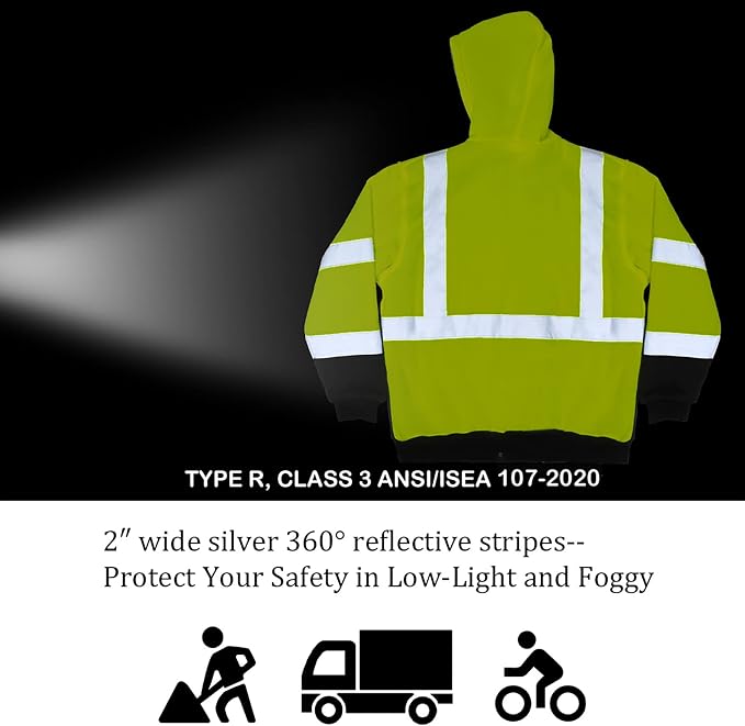VENDACE Men's ANSI Class 3 High Vis Safety Reflective Sweatshirt Wool Fleece Zipper Jacket Hoodie with Black Bottom(Yellow,3XL)