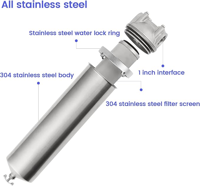 NSF/ANSI 42 Stainless Steel Whole House Water Filter Housing, 10" x 2.5" Sediment Water Filter System for Heavy Duty, Well & City Water, 1" NPT Port, Drain Valve Style A (Wing)