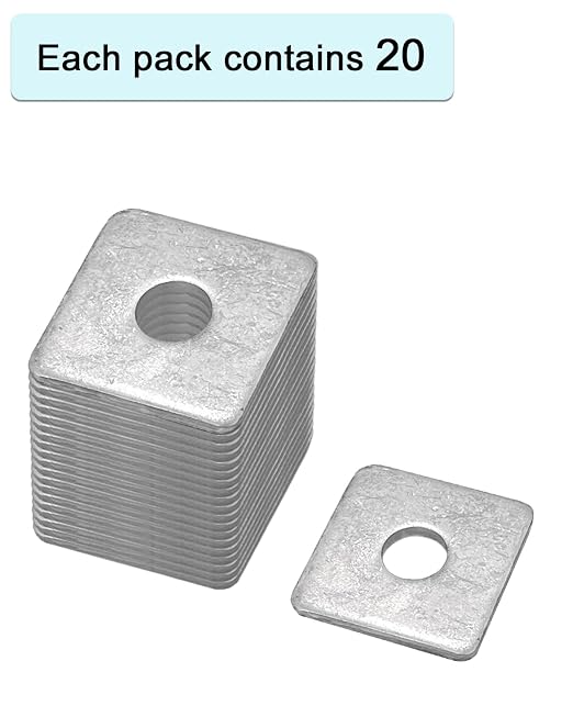 20-Pack 5/8” Hot-Dipped Galvanized Steel Square Washers, Flat Pad Spacer for Square Nut Fasteners, 5/8” ID x 2” Square x 0.18” Thick