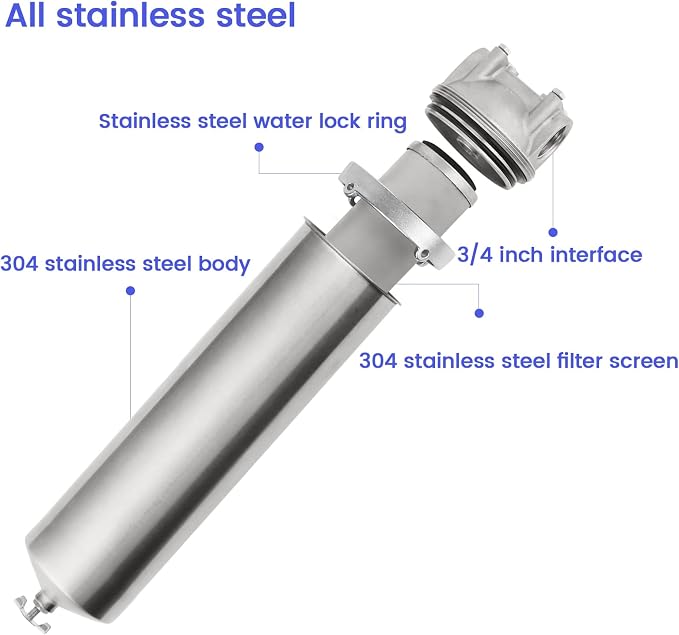 NSF/ANSI 42 Stainless Steel Whole House Water Filter Housing, 10" x 2.5" Sediment Water Filter System for Heavy Duty, Well & City Water, 3/4" NPT Port, Drain Valve Style A(Wing)
