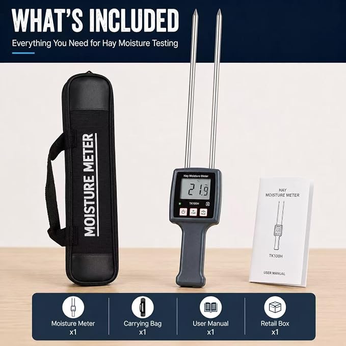 Pokiphip TK100H Portable Hay Moisture Meter - Precise Hay Moisture Tester with Probe for Monitoring and Ensuring Optimal Hay Quality, Preventing Mold and Spoilage