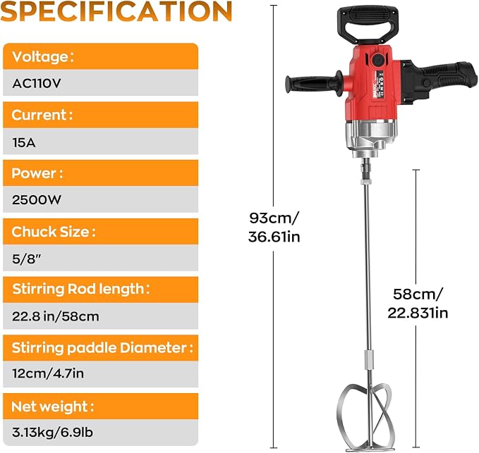 IMAYCC Concrete Mixer 2500W 15A, Cement Mixer With Variable Speed Control, 5/8" Heavy Duty Drill Set, Drill Mixer for Mud,Motar,Paint, Grout, Plaster, Thinset