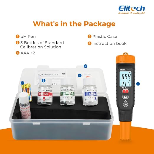 Elitech PHM-230 Professional pH Pen Meter – Digital Tester for pH & Temperature in Hydroponics, Growing Solutions, Drinking Water with ATC & Full Calibration Kit (0.00–14.00) for Plant Health