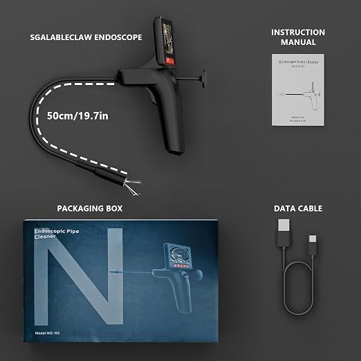 Endoscope Camera with Light and Grabber, Sewer Borescope Inspection Mirror with Magnetic Pickup, Drain Snake Scope for Automotive Repair & Pipe Cleaning, IP67 Waterproof, 6 LED, 19.7-Inch