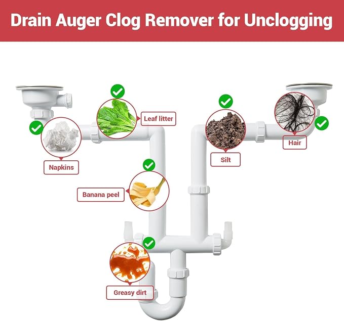 22V Cordless Electric Drain Auger, Automatic Drain Snake Cleaner Machine with 25Ft Flexible Steel Cable, Power Pipe Clog Remover Tool for 3/4" to 2" Pipes, Battery, Charger & Carrying Bag Included