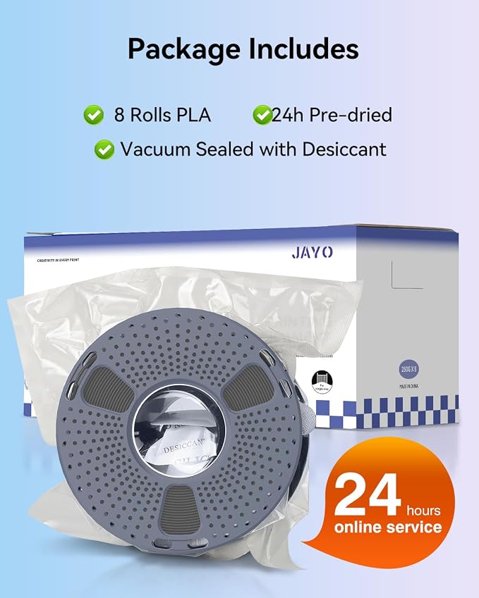 JAYO PLA 3D Printer Filament Bundle 2KG, 1.75mm Dimensional Accuracy +/- 0.02mm, 8 Pack 0.25kg Spool (Sky Blue, Cherry Red, Sunny Orange, Sakura Pink, Chocolate, Olive Green, Mint Green, Lemon Yellow)
