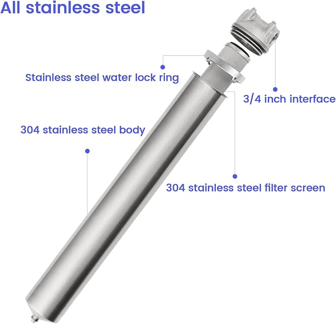 NSF/ANSI 42 Stainless Steel Whole House Water Filter Housing, 20" x 2.5" Sediment Water Filter System for Heavy Duty, Well & City Water, 1" NPT Port, Drain Valve Style C (Square Head)