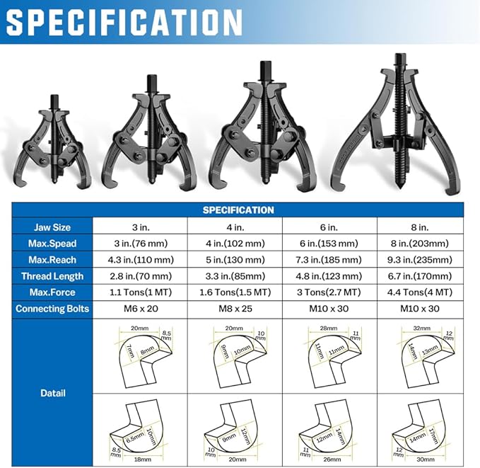 XIIW 3'' 4'' 6'' Gear Puller Set, 3 Jaw Bearing Puller with Reversible Jaws, 2 Jaw / 3 Jaw Pulley Puller Tool for Pulley Gear Bearing Flywheel Removal, 4pcs Gear Extractor Tool 1.1t/1.6t/3.0t