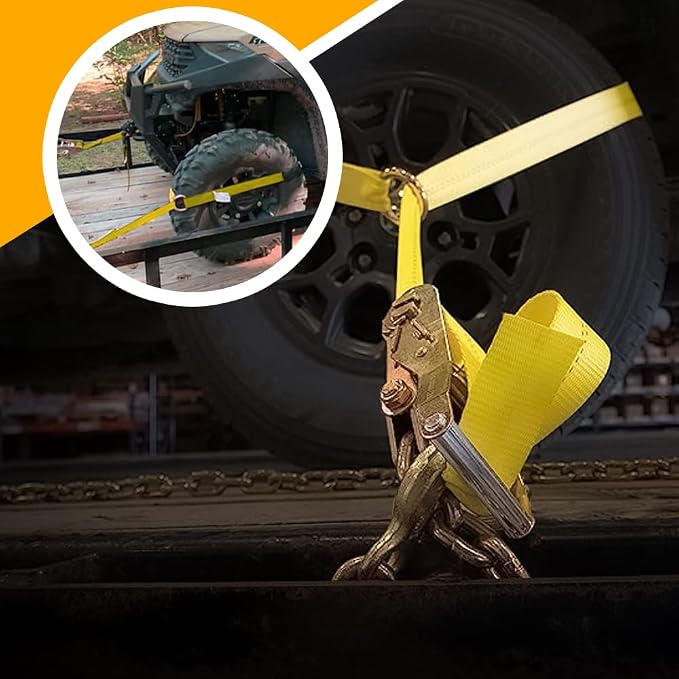 Car Tie Down Straps (4 Pack) for Trailers With Heavy Duty Chain Anchors - 2" x 96" Lasso Style Wheel Strap - 3,300lbs Safe Working Load - Includes 4 Ratchet and 4 Tire Straps