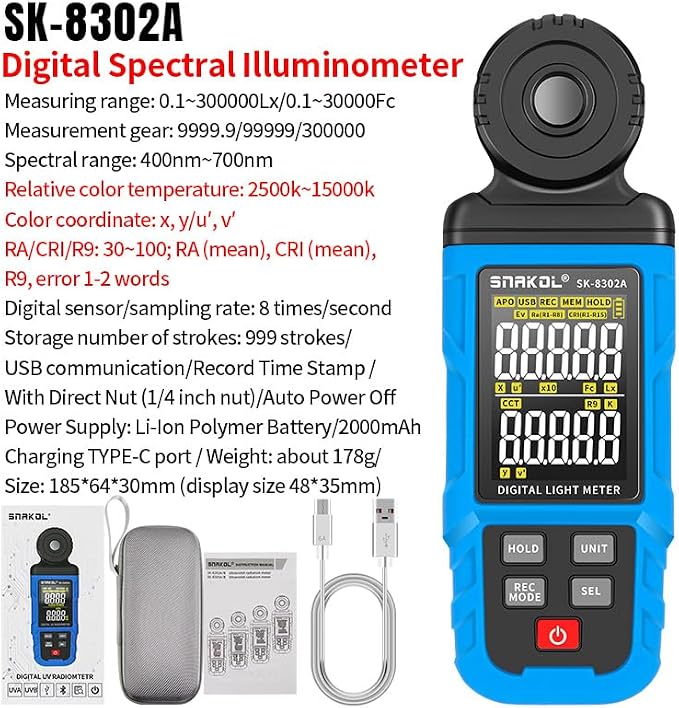 Spectral Illuminance Meter SK-8302A Light Meter, Lux Meter, CCT,RA,CRI,R9,Range up to 200,000 Lux 2500K-15000K, Color Coordinate,Data Storage, USB Charger, PC Software,Lighting Testing Tool
