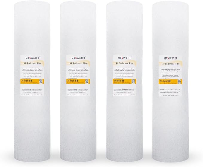 Max Water 1 Micron 20 x 4.5 Sediment Filter - Whole House BB Water Filtration System Replacement Cartridge Compatible with DGD-5005-20, AP810-2, FP25B, SDC-45-2005, 4 Pack