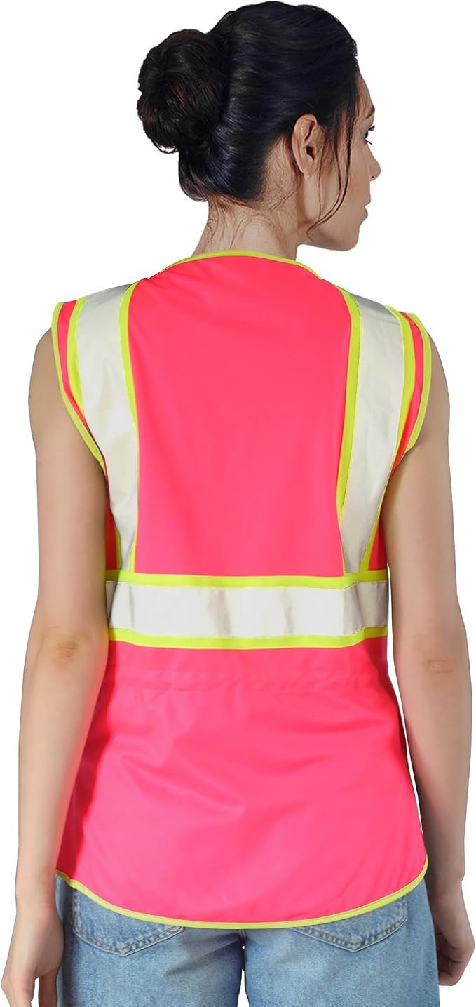 FATONE Women's ANSI Class 2 High-Vis Safety Vest with Reflective Strips, Zipper Pockets & Adjustable Waist - Pink/Yellow Construction Work Vest for Warehouse Personnel, Road Crews XL