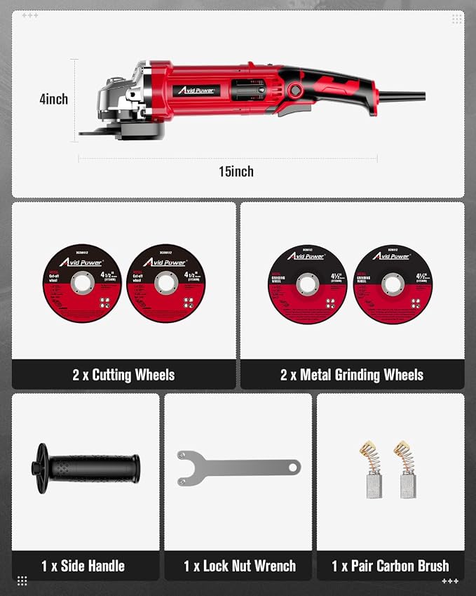 AVID POWER Angle Grinder 4-1/2 Inch 8.0 Amp 1000W Electric Grinder Tool 7-Variable-Speed Metal Grinder, 11,500 RPM, Paddle Switch with Lock-on Button, Cutting & Grinding Wheels and Side Handle - Red