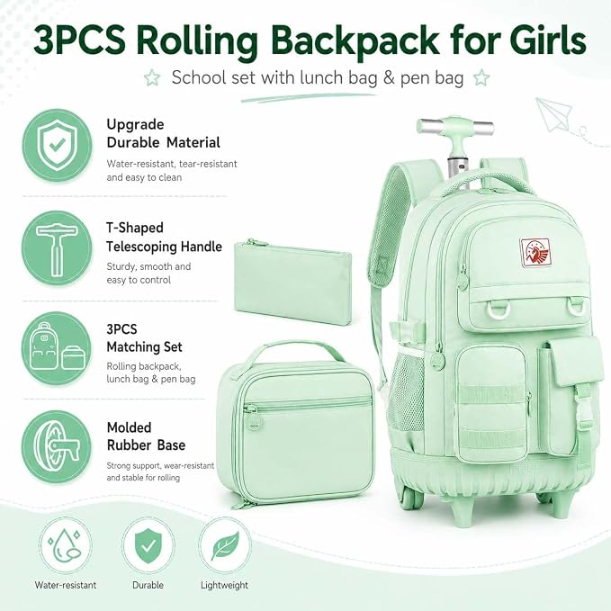 CCJPX Rolling Backpack for Girls Women, 21 inch Roller Wheels School Bookbag, Wheeled Suitcase Backpacks with Lunch Bag for Teen - Green