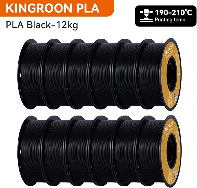 Kingroon PLA Filament,12 Rolls, Dimensional Accuracy +/- 0.02 mm, 12kg Spool(26.5lbs), 1.75 mm, Black