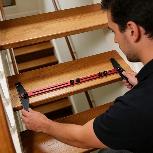 Stair Tread Template Tool, Aluminum Alloy Stair Measuring Tool, Stair Gauge Set Shelf Layout Measuring Scribe Tool for Stairs, Risers, Partitions, Self and Cutting Drywall(Red)
