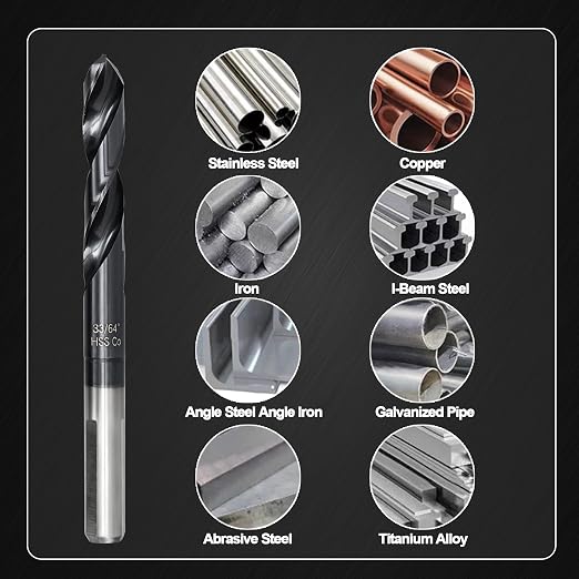 33/64 Drill Bit for Metal and Hardened Steel, M35 Cobalt 1/2 Inch Reduced Shank Industrial Grade Heavy Duty Drill Bit, with Index Storage Case