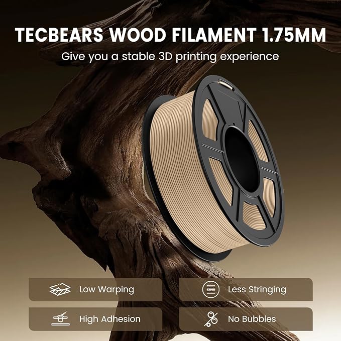 TECBEARS Wood PLA Filament Bundle for Most 3D Printers | Natural Matte Texture PLA, 250g Spool, 4 Rolls, 1kg Total, Individually Vacuum Packed, Walnut+Logs+Cherry+Maple