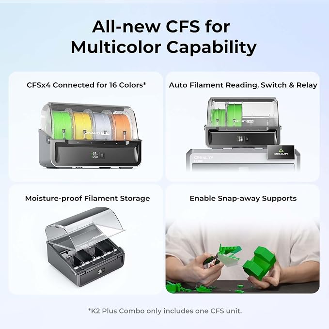 Creality K2 Plus Combo 3D Printer, Multi Color Printing with New CFS, Max 600mm/s Printing Speed, Full-auto Leveling, Next-Gen Direct Drive Extruder, Dual Al Camera, Build Volume 350 * 350 * 350mm