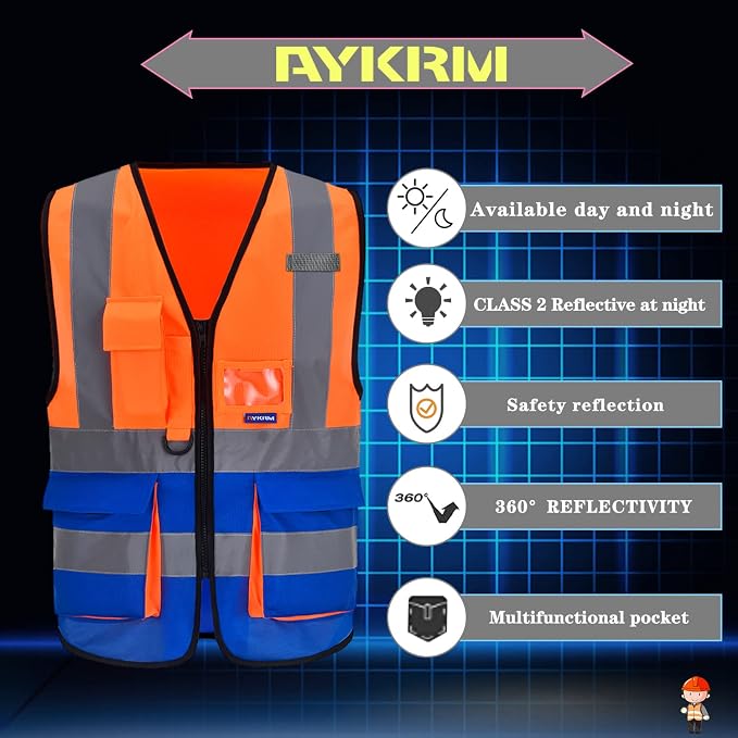 A-SAFETY Hi-Vis Safety Vest, Clear ID Holder, Zipper, Orange/Blue, 4XL-5XL | Orange/Blue 4XL-5XL work vest with clear ID holder, mic tabs and reflective strips for port operations; for men and women.