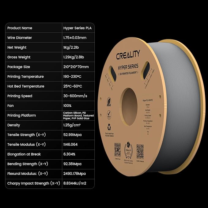 Creality Hyper 3D Printer PLA Gray Filament High Speed Printing 1.75mm 2.2lbs Spool ±0.03mm Dimensional Accuracy Flow Durable Resistant Smooth for Ender 3 v3 Plus KE K1 Max K1C 3D Printers