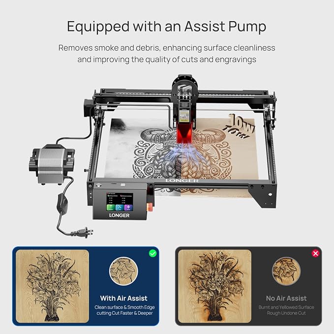 Longer RAY5 10W Laser Cutter and Laser Engraver for Tumblers, Rotary Roller Bundle, 17.3"x 17.3" Working Bed, Enclosure with Vent, and Air Pump, Laser Engraver for Wood and Metal, Acrylic