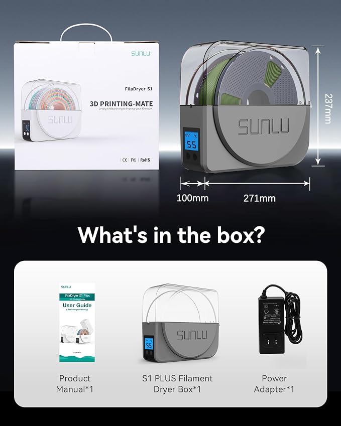 SUNLU Official Filament Dryer S1 Plus, Built-in Circulation Fan, Filament Dryer Box Storage Box for 3D Printer Filament 1.75 2.85 3.00, S1 Plus Grey