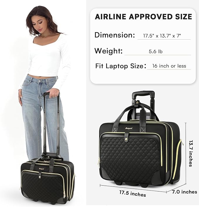 Arcoyard Rolling Laptop Bag, Rolling Briefcase for Women with Waterproof Pocket, 16 Inch Computer Bag, Underseat Carry On Luggage with Wheels for Work Travel Business, Lightweight Black