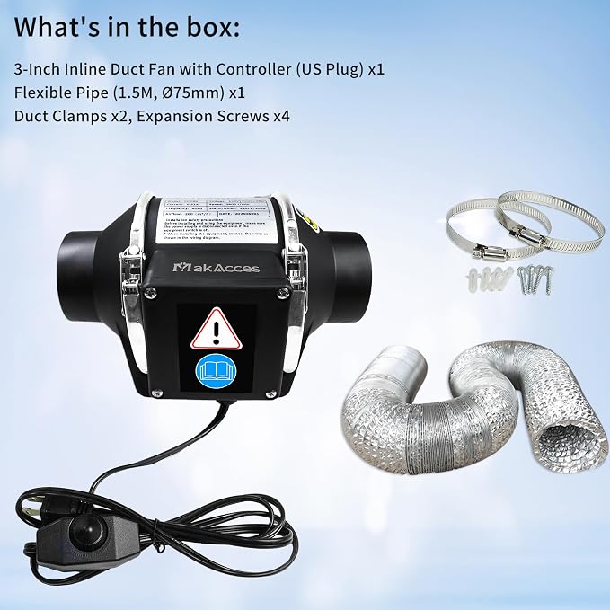 3 Inch Inline Duct Fan with Variable Speed Controller & Pipe,Efficiency Smoke Odor Extraction, Upgrade Motor,Low Noise Ventilation Exhaust Fan for 3D Printers,Laser Engravers,Resin Printers,Grow Tents