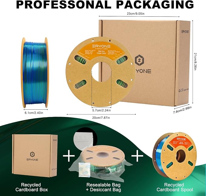 ERYONE Silk Tri Color PLA Filament 3D Printer 1.75mm +/- 0.03mm, Multicolor Filament Tricolor PLA 1KG(2.2lbs) Cardboard Spool, Red Blue Green