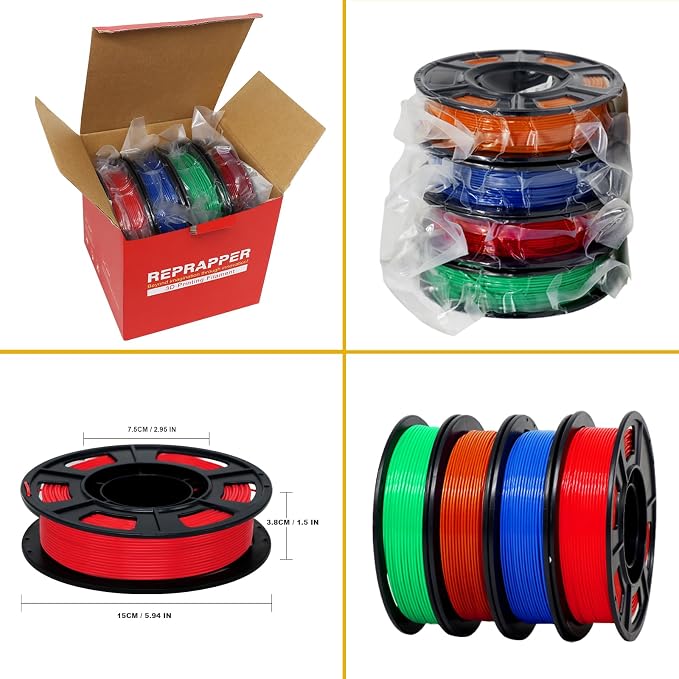 RepRapper PLA Plus Filament, Multicolor PLA+ Sample Pack, Modify PLA 3D Printer Filament, 1.75MM 3D Printing Filamentfor for 3D Printer, 250g*4