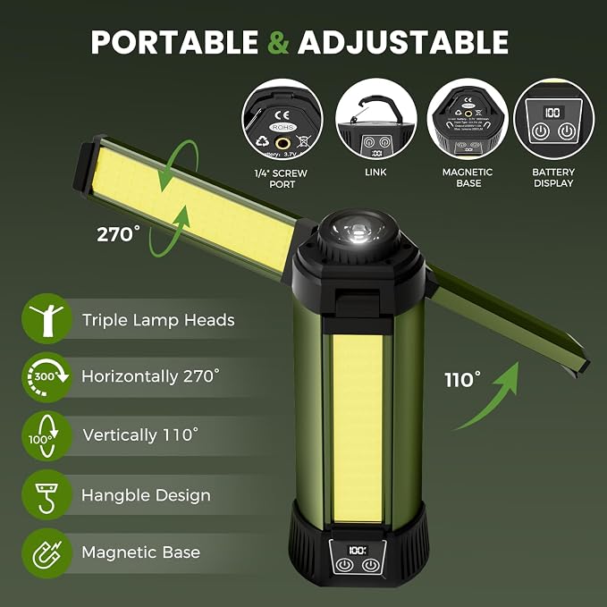 Rechargeable Work Light with Stand, Magnetic Base, Hook & Tripod (Middle) | 6000mAh battery, Telescopic tripod, Magnetic base, Hanging hook, 3 metal floor spikes, Storage bag, Camping