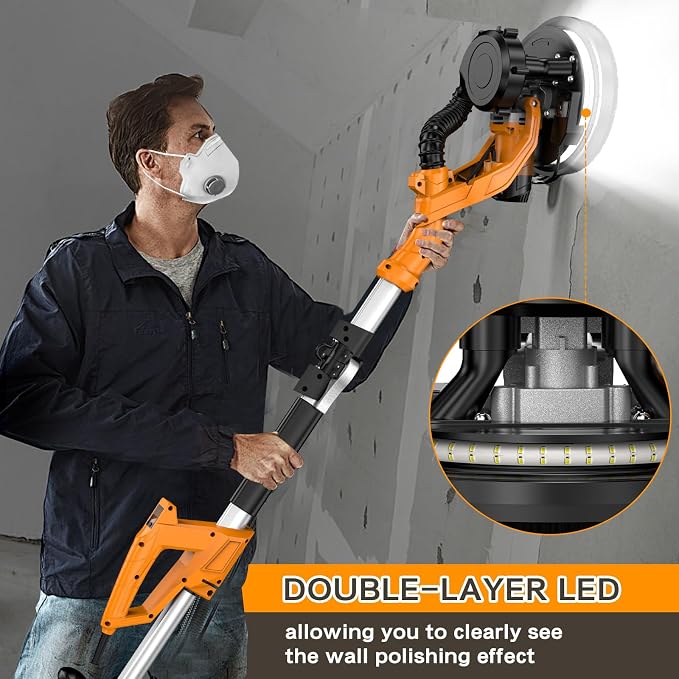 Drywall Sander Popcorn Ceiling Removal Tool with Vacuum Dust Collection 9 Variable Speed Collapsible Extendable Handle Electric Sander for Drywall with LED Light 16Pcs Sanding Discs Yellow