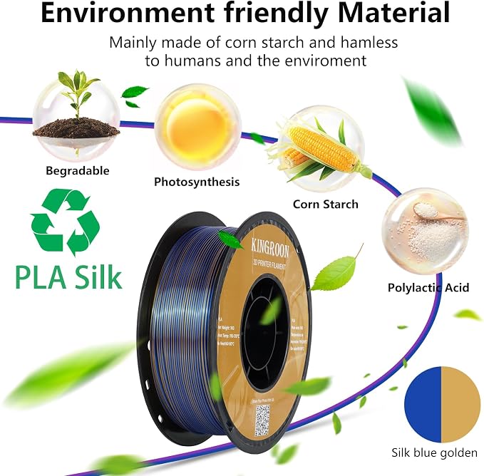 Kingroon PLA Filament, Multicolor Silk PLA Filament, Tri Color 3D Printer Filament, 1.75 mm, Dimensional Accuracy +/- 0.03 mm, 1kg Spool(2.2lbs), Blue Gold
