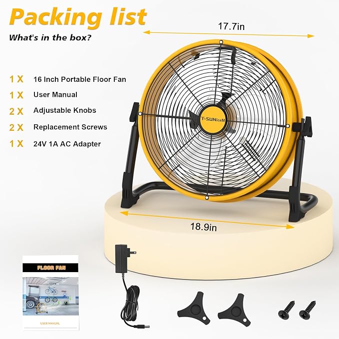 16" Battery Operated Floor Fan Compatible with Dewalt 20V Max Battery, High Velocity AC DC Portable Fan with USB Output, Metal Blade Cordless Jobsite Fan for Garage, Camping, Workshop, Emergency Use
