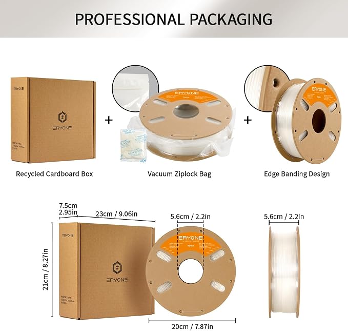 ERYONE Nylon 3D Printer Filament, Polyamide PA6 Filament 1.75mm +/- 0.03mm, Stiff & Strong & Heat Resistant, 1kg (2.2LBS)/Spool, PA6 Clear